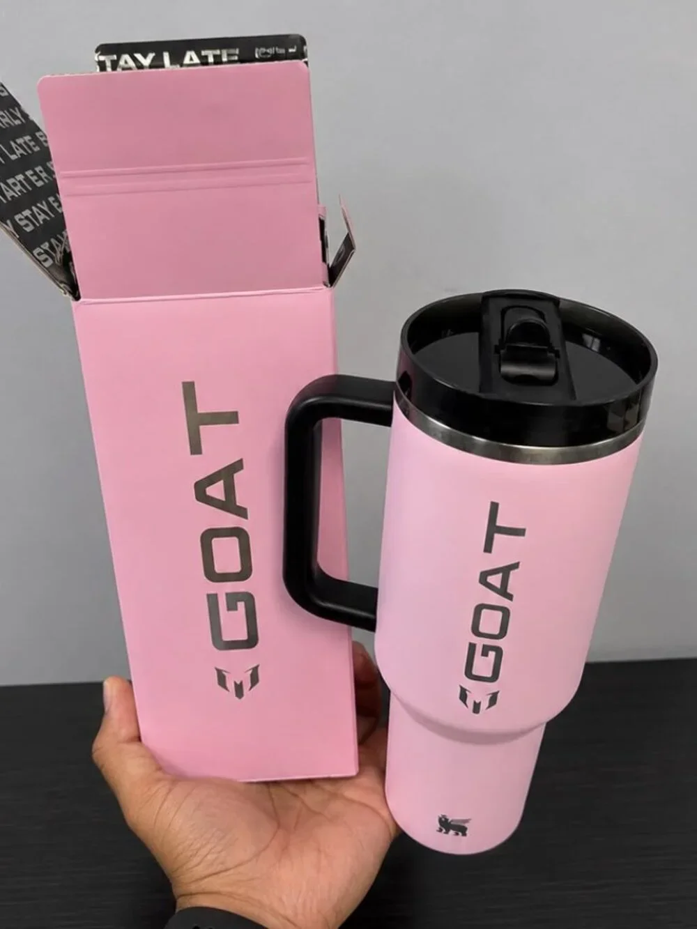 The Messi x Stanley Quencher ProTour Flip Straw Tumbler 40 OZ GOAT Pink NIB